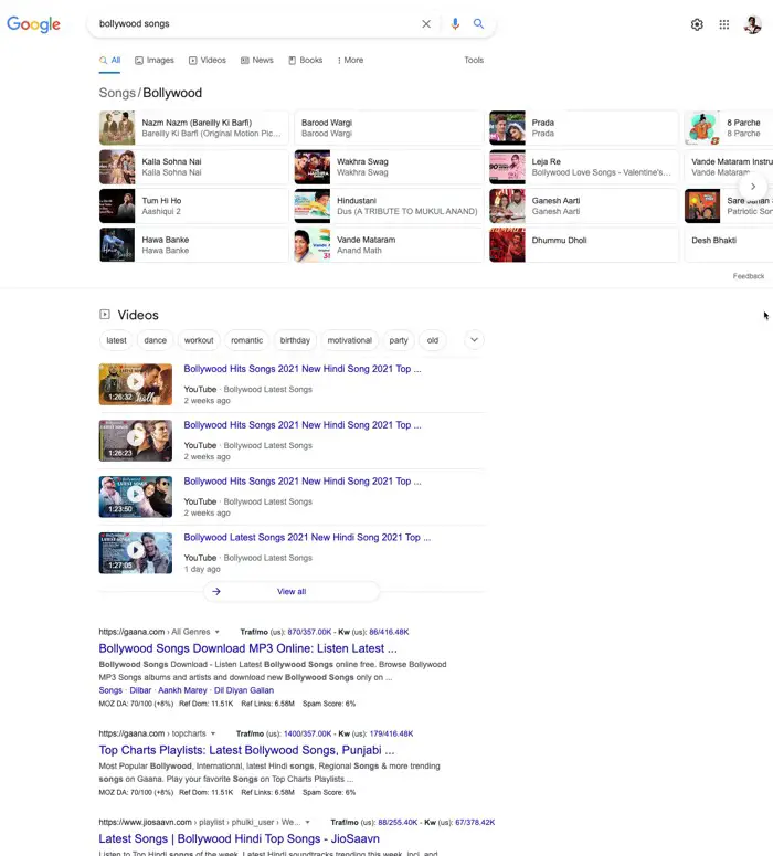 google search for bollywood songs