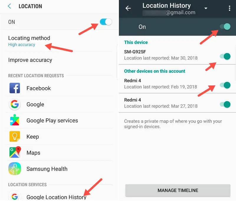 Find My Device Android Settings Location History Turned on
