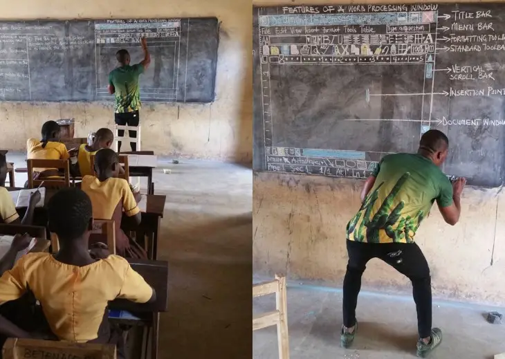 Ghana Teacher Drawing MS Word on Blackboard