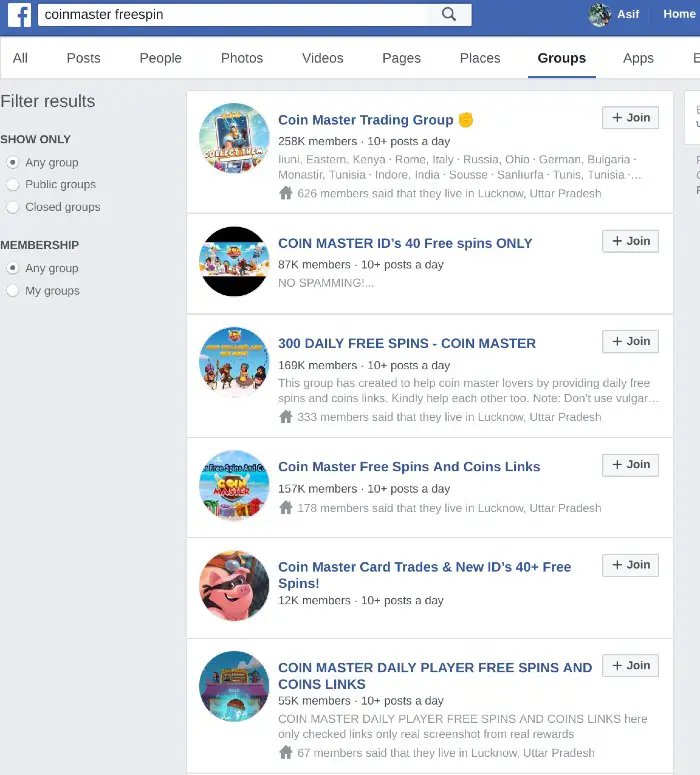 Coin Master Tradign Groups in Facebook