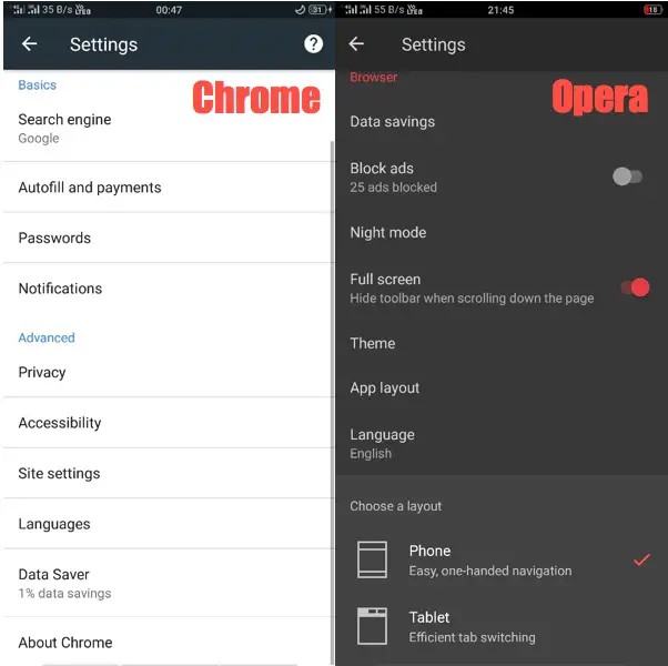 Settings Section in Opera and Chrome