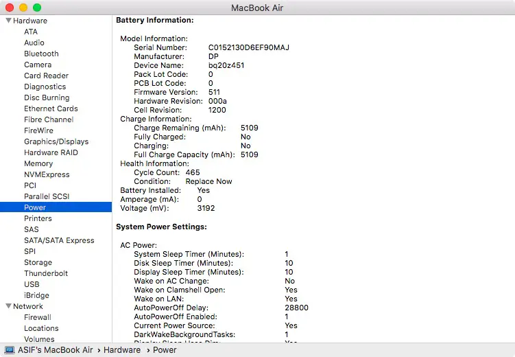 Battery Information of MacBook Air