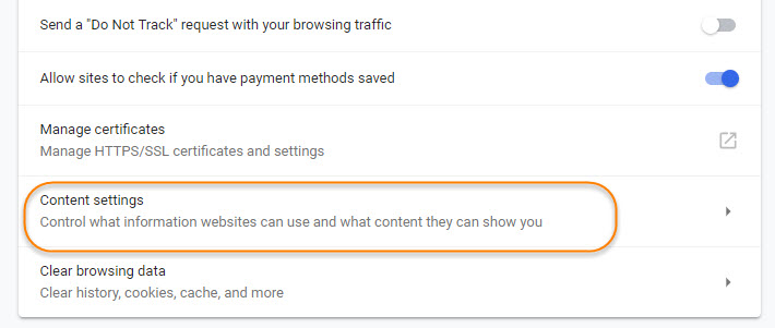 Content Setting Section in Google Chrome