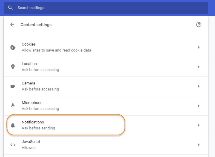 Notificatons in Content Settings in Google Chrome