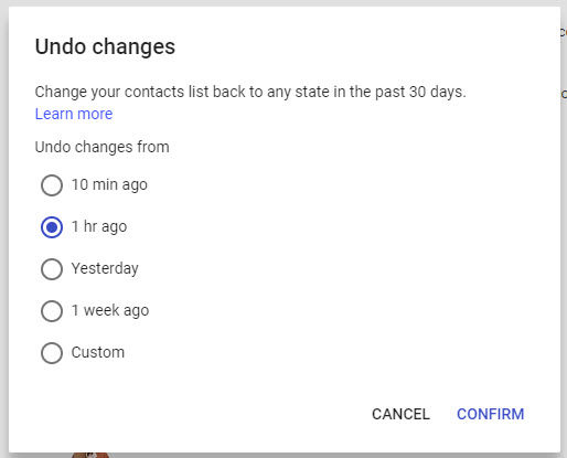 Restore Options in Google Contacts