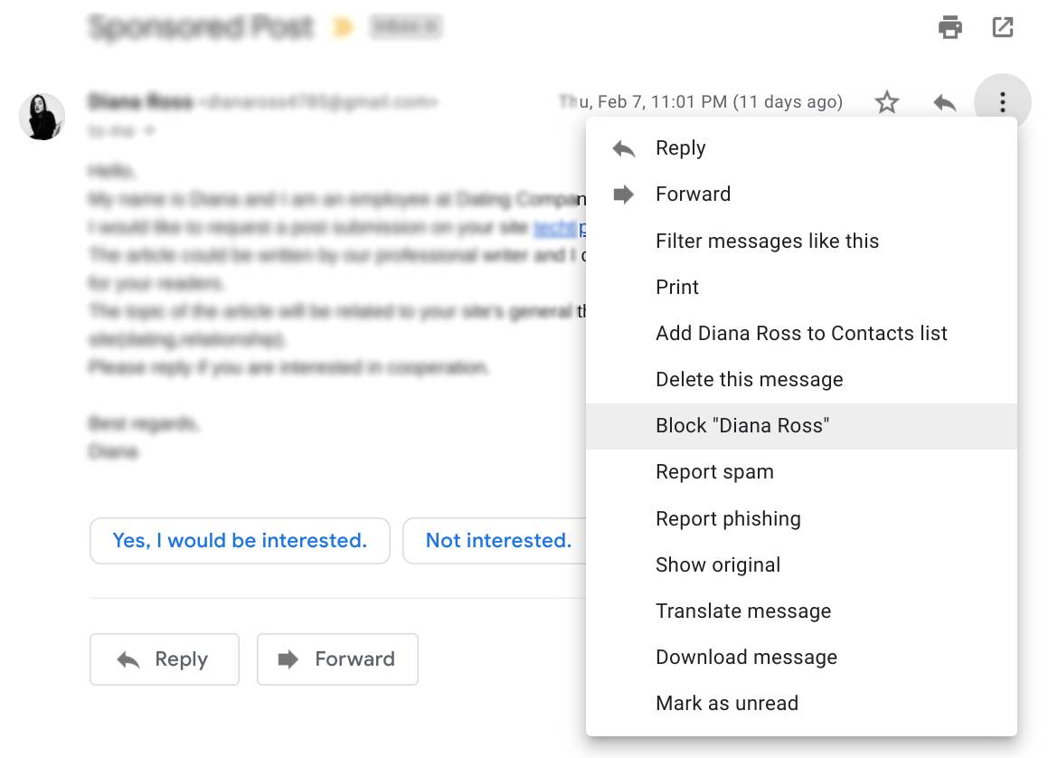 gmail how to block emails from one sender