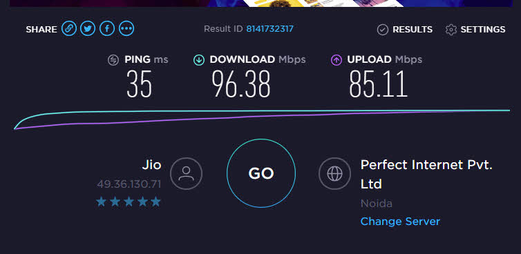 Jio GigaFiber Speedtest on desktop Eathernet