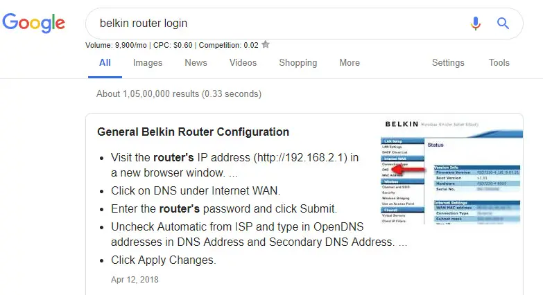 Belkin Router Inforamtion on Google