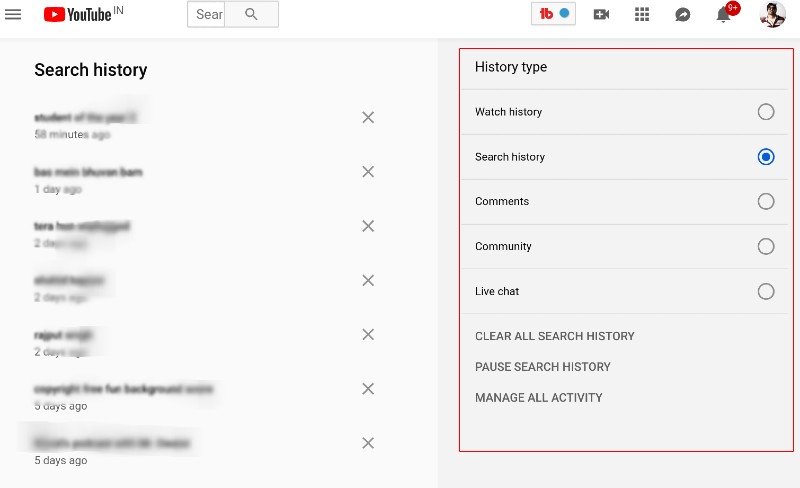 Dlete Search History on YouTube