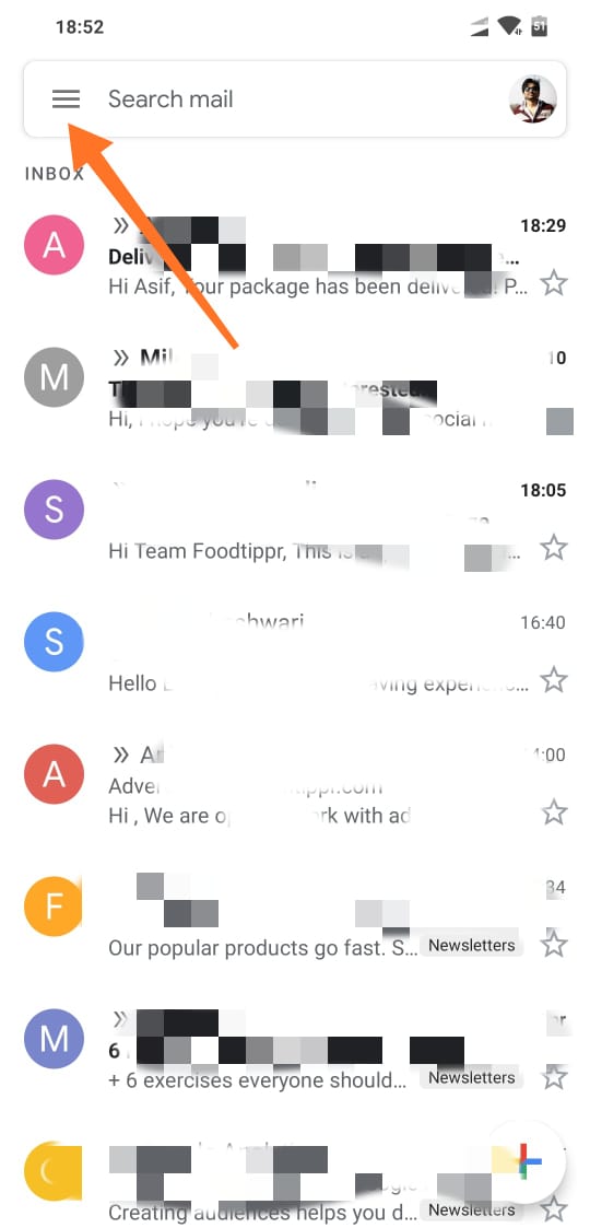 Tap on three lines on top left in gmail app