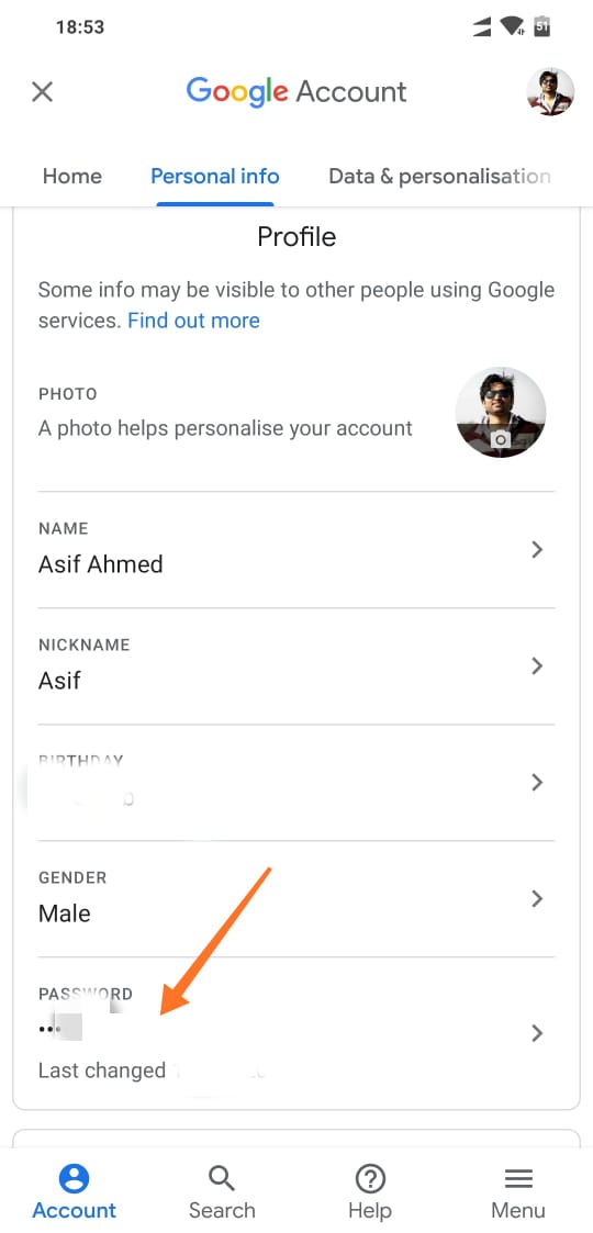 tap on personal info in gmail app