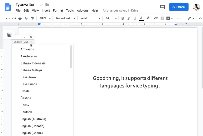 Voice typing in Google Docs