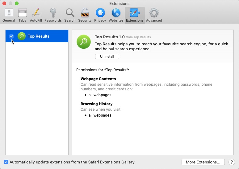Remove Top Results Extension fro mSafari