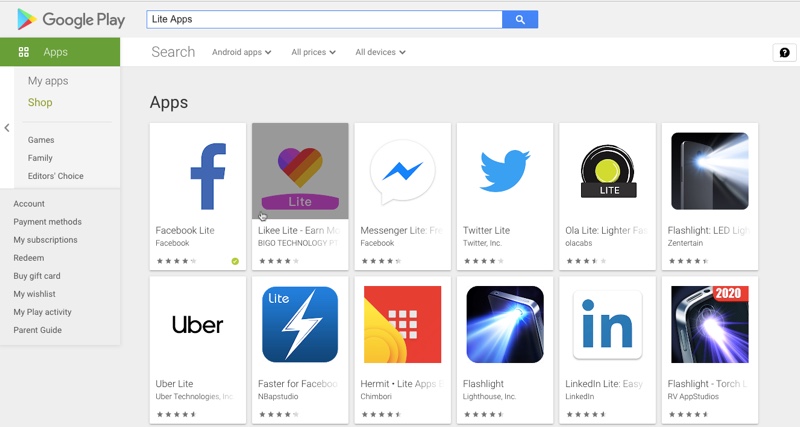 Lite Apps on Play Store