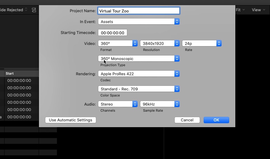 Project Settings for 360 Videos from Insta 360 One X