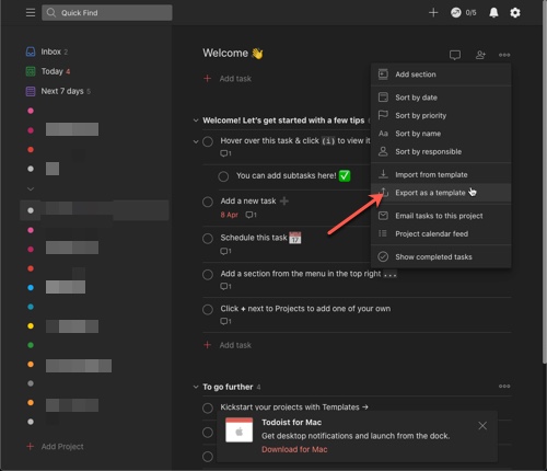 Export Import Projects in Todoist