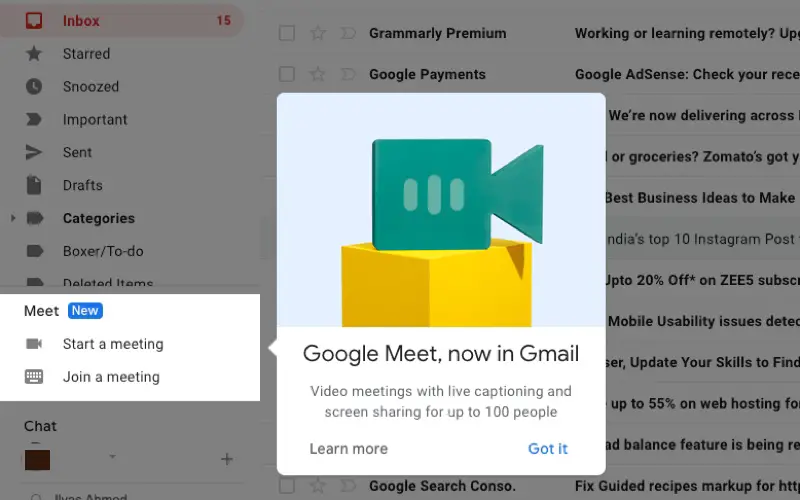 Google Meet inside Gmail