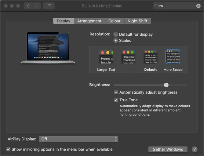 Display Options in MacBook Pro 2019 Retina