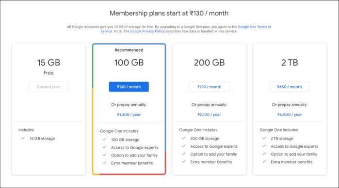 Google One Storage Plans