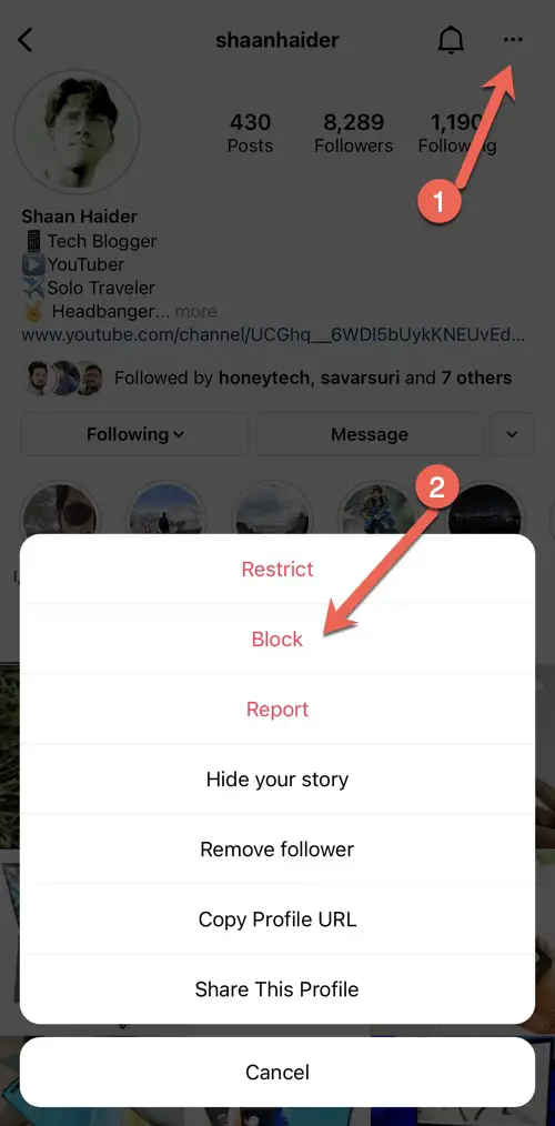 Block on instagram from Profile