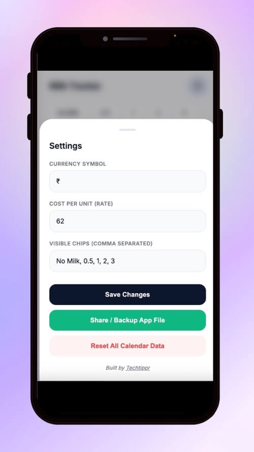 Milk Tracker App Settings on iPhone
