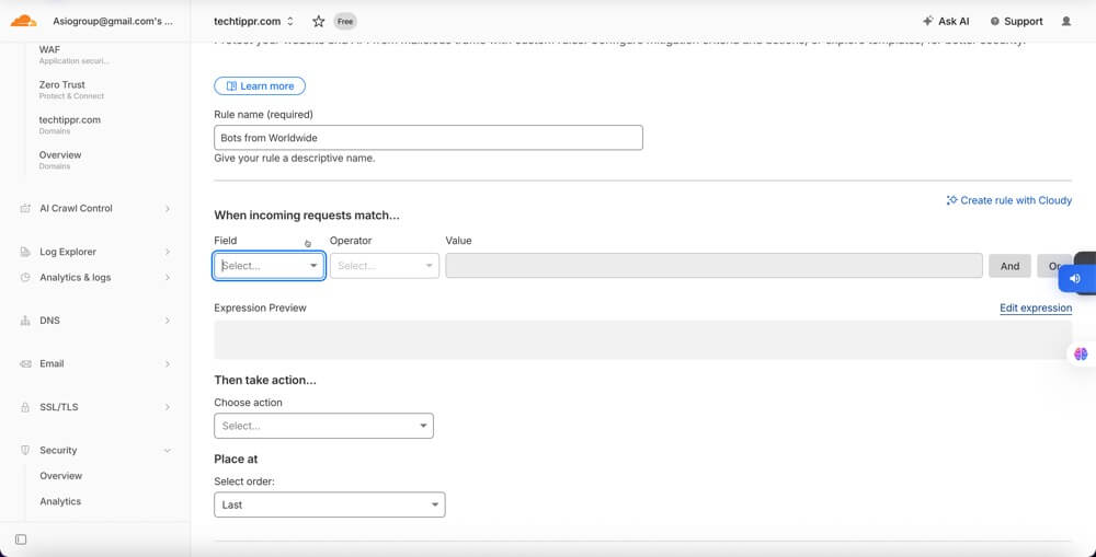 Cloudflare rule creation screen showing conditions for blocking bots worldwide