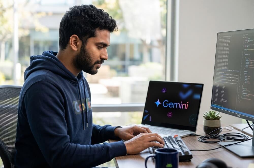 guy using laptop gemini developer — How to Write 400 Words Per Minute with the Help of AI