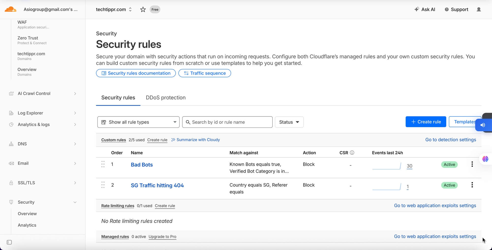 Cloudflare Security Rules dashboard showing Bad Bots rule and SG Traffic hitting 404 rule both active