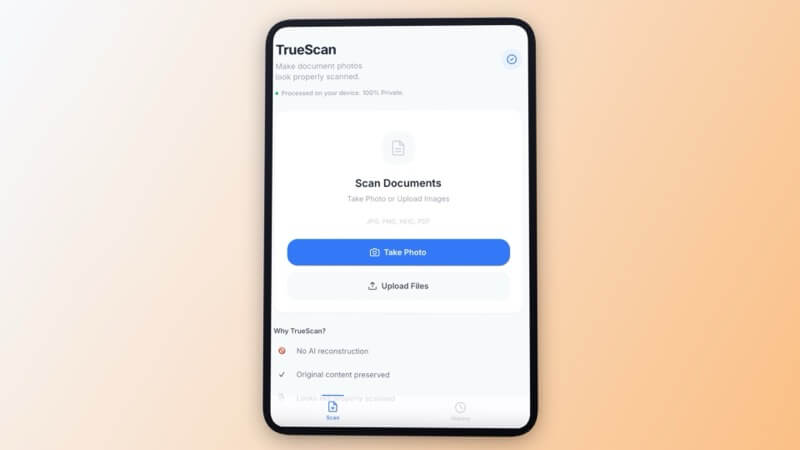 truman UI1 mockup — TrueScan: The Free Document Scanner That Works on Any Device (No Ads, No Account)