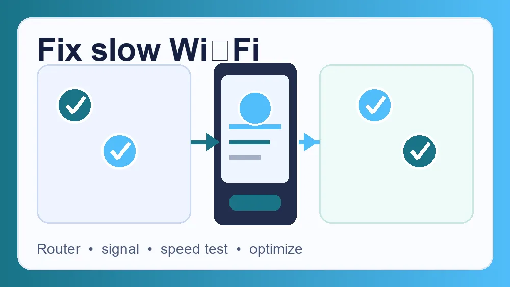 Wi-Fi troubleshooting diagram showing router placement and a phone speed test