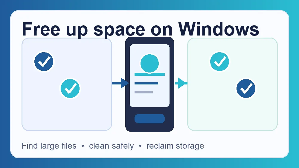 Windows storage cleanup workflow showing Disk Cleanup and system-file cleanup