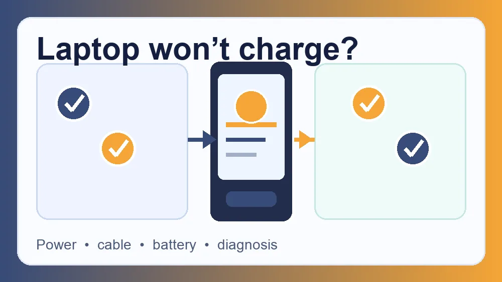 Laptop charging troubleshooting diagram with charger, charging port, and battery settings