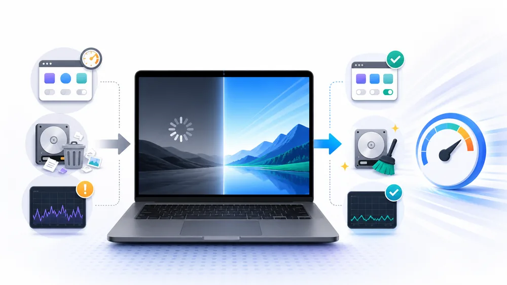 Mac laptop shown speeding up after startup cleanup, storage cleanup, and activity monitoring