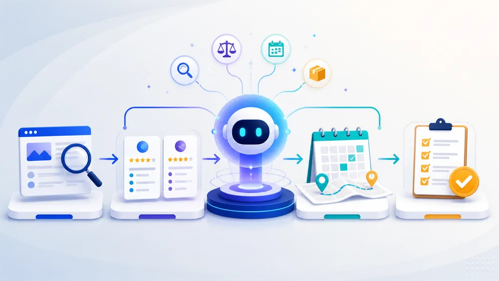 AI agent coordinating research, comparison, planning, and a completed checklist