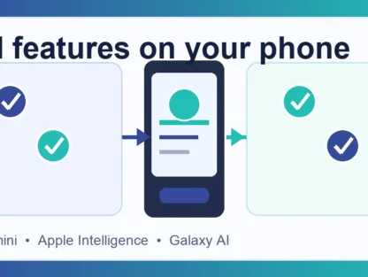 Smartphone illustration showing Gemini, Apple Intelligence, and Galaxy AI features