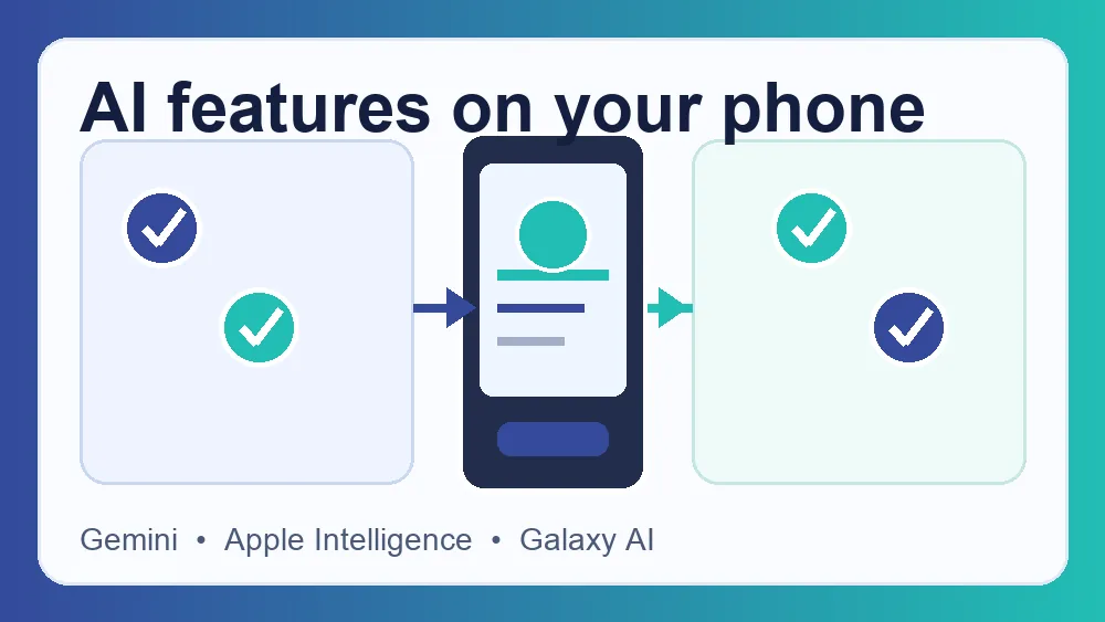 Three smartphones showing Gemini, Apple Intelligence, and Galaxy AI features