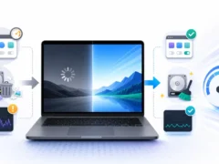 Mac laptop shown speeding up after startup cleanup, storage cleanup, and activity monitoring